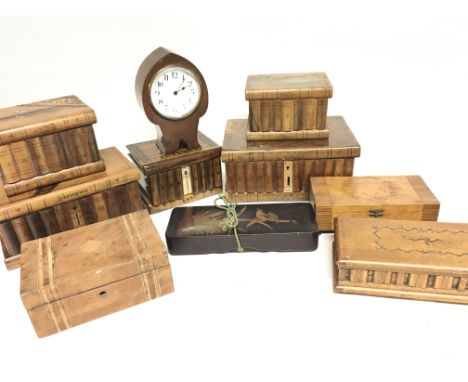 A Collection of Wooden Trinket Boxes and a Clock.