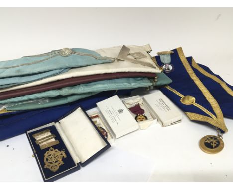 A collection of Masonic regalia including a silver gilt Dickens lodge enamel jewel other jewels etc (a lot)