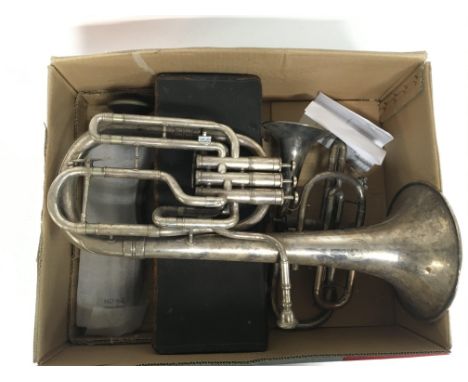 Box of musical instruments, cased pair of clarinets (Hawkes &amp; Co c.1920) another clarinet, a besson â€˜serviceâ€™ cornet 