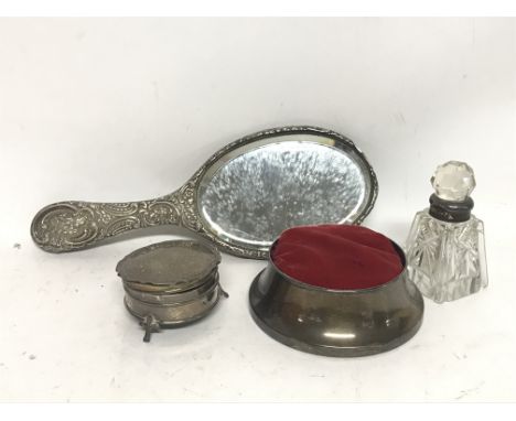 4 x Silver items- Large Silver pin cushion, small Silver ring box, a small hand mirror and a glass bottle