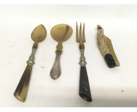 Old Silver handled horn spoons, fork and unusual horn letter opener with handle.