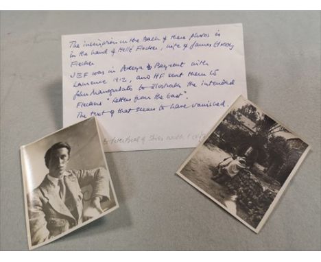 A portrait photograph of T E Lawrence, and another of his Arab servant, each 9.5 x 7.5cm and inscribed to the reverse by Hell