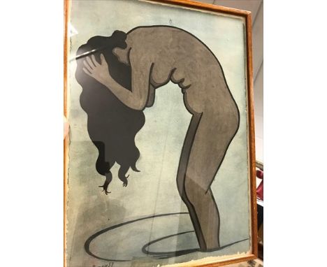 a woman standing in water washing her hair, colour off-set lithograph signed and dated 1937 in the plate, framed.