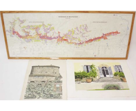 Vignobles de Bourgogne colour print, 60 x 157cm, in glazed pine frame; together with two unframed wine interest prints (3)