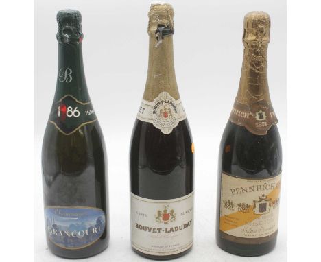 Bouvet-Ladubay Carte Blanche, one bottle; Barancourt 1986 vintage champagne, one bottle; and Pennrich medium sparkling wine, 