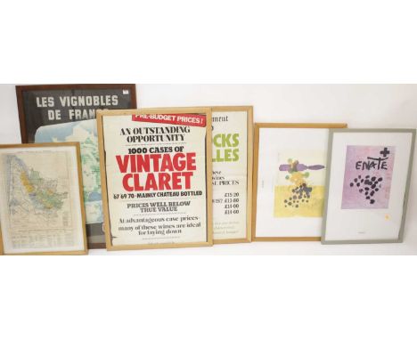 Assorted wine related prints, to include framed Regions of France map, map of the Girond Region, two advertising poster print