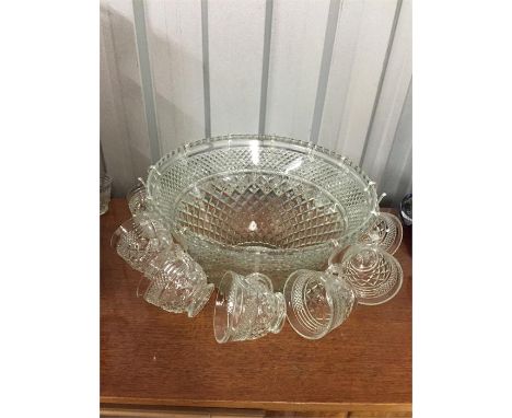 Large cut glass punch bowl with 12 cups with hangers