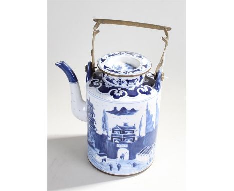 Chinese porcelain teapot, of large proportions, six character mark to the base, decorated with pagoda and figural scenes, 39c