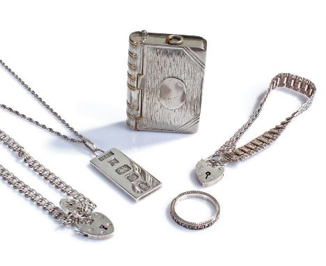 Silver jewellery, to include a silver ingot, a ring, chains and padlocks, together with a silver plated vesta case in the for