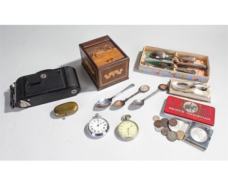 Mixed objects, to include two pocket watches, spoons, coins, cigarette dispenser, camera and coin case, (qty)