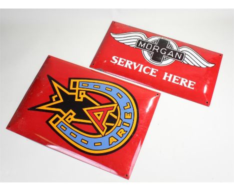 Two metal and enamel signs, the first one Morgan service here, 50 cm x 25 cm, together with Aerial, 50 cm x 35 cm