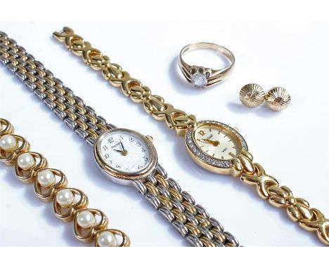 9 carat gold ring, together with two wristwatches a bracelet and a pair of earrings, (5)