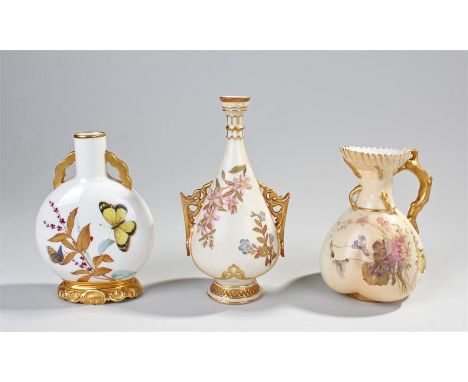 Three Royal Worcester vases, the first of globular form decorated with a butterfly and a leafy branch, printed mark to the ba