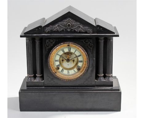 Victorian black slate mantel clock, with twin train movement and show escapement 
