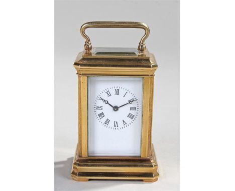Miniature gilt brass carriage clock, with fluted angles, hinged handle and five glass bevelled case, white enamel dial and Ro