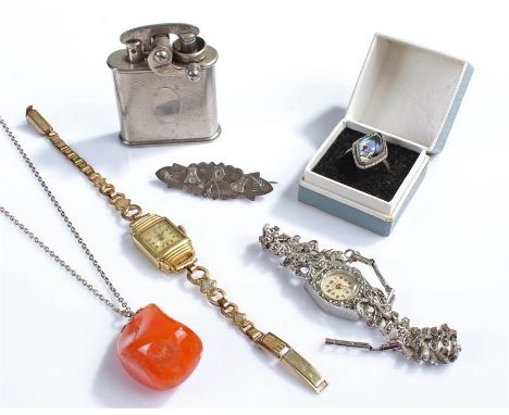 Jewellery, to include a silver brooch, a silver ring, a watch, a pendant on chain and a Colibri lighter, (qty)