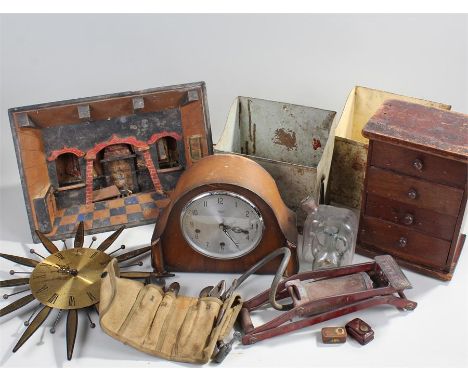 Mixed objects, to include a clock, a miniature chest of drawers, pump, clock, Shell fuel boxeds, (qty)