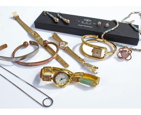 Watches and jewellery, to include four wristwatches, chains, bangles and a ring, (qty)