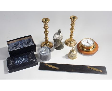 Mixed works of art, to include a pair of brass candlestick, a carved bust, a clock, a bell, glass items and a rule, (qty)