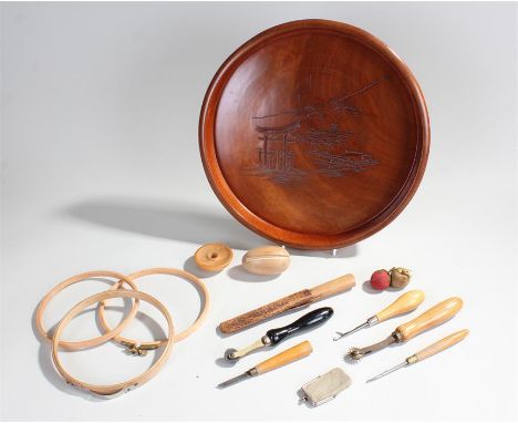 Sewing tools, to include a pin cushions and various tool, together with a Japanese turned tray, (qty)