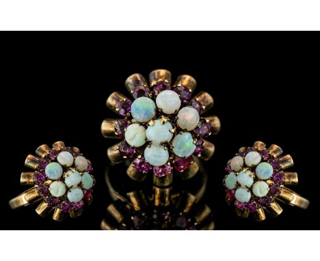 Ladies 14ct Gold - 1970's Opal and Amethyst Set Dress Ring. Flower head Design, The Seven Opals of Pleasing Colours and Form.