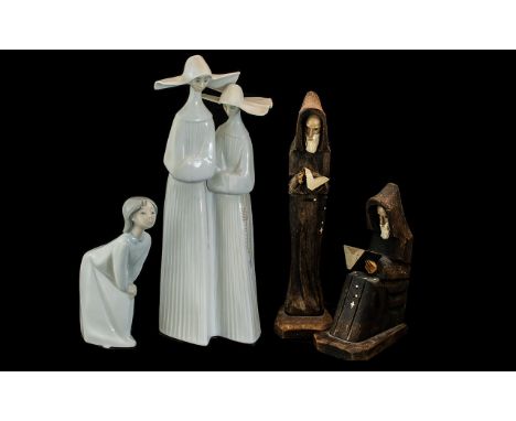 Lladro Figurines. Comprises 1/ Two Nuns Figurine. Approx 13 Inches High. 2/ Girl In Nightdress Leaning Forward, Approx 7 Inch