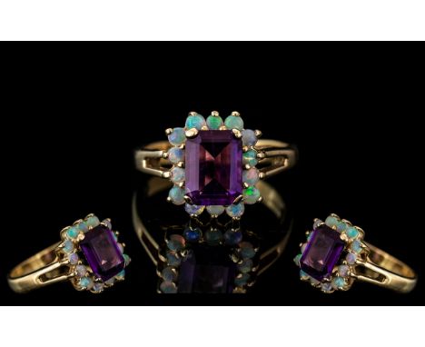 Ladies - Attractive 9ct Gold Amethyst and Opal Set Ring. Full Hallmark to Interior of Shank. The Central Step-Cut Amethyst of