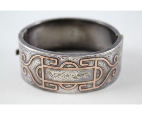 Victorian Sterling Silver Cuff Bangle w/ Gold Accent &amp; Etched Design 31g