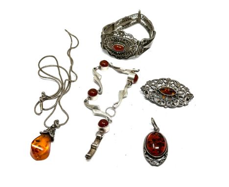 Vintage silver &amp; amber jewellery inc bracelets pendants brooch weight  57g