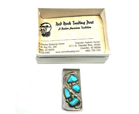 Boxed navajo silver &amp; turquoise money clip original box red rock trading post native american xrt tested as silver 