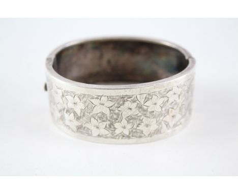 Victorian Sterling Silver Cuff Bangle w/ Floral Etched Design 29g