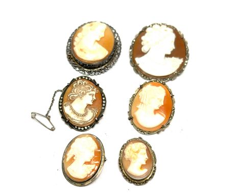 6 vintage silver framed cameo brooches