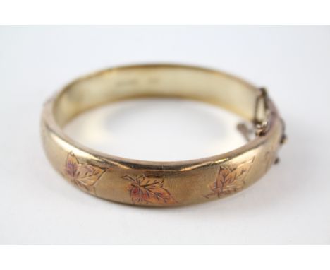 Gold on Sterling Silver Bangle w/ Foliate Etched Design, Safety Chain 27g