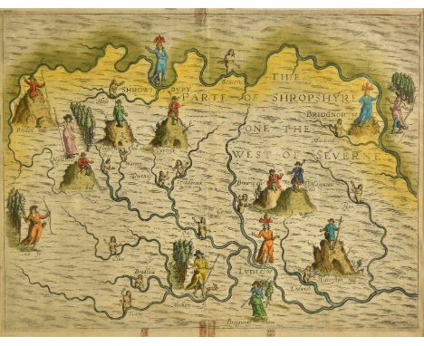 *Drayton (Michael). Two allegorical maps, [1612 or later], hand coloured engraved maps, one showing Shropshire west of the Ri