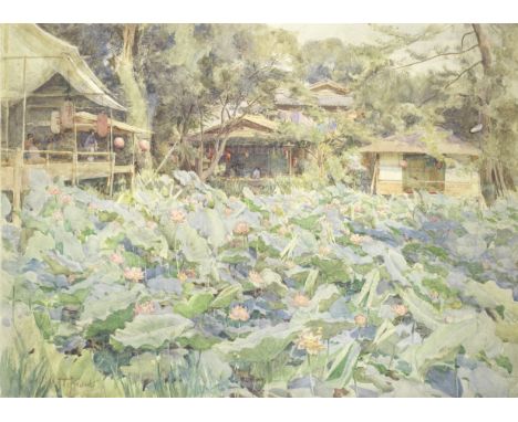 Walter Frederick Roofe Tyndale, R.I. (British, 1856-1943)A Japanese lotus garden signed 'Walter Tyndale' (lower left), bears 