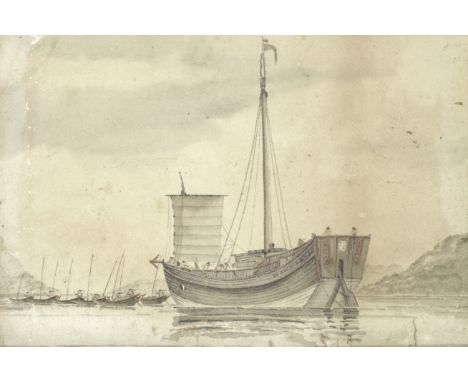 English School, late 18th/early 19th centuryA view of a Chinese city with port and fortified wall visible indistinctly inscri