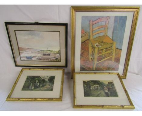 Framed Brian Hayes watercolour, 2 prints in gilded bamboo effect frames and Van Gogh pipe on chair framed print&nbsp;