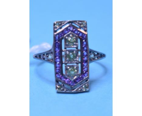 An Art Deco style 9ct gold and silver panel ring, set amethysts, peridots and diamonds, approx. ring size M½   Condition repo