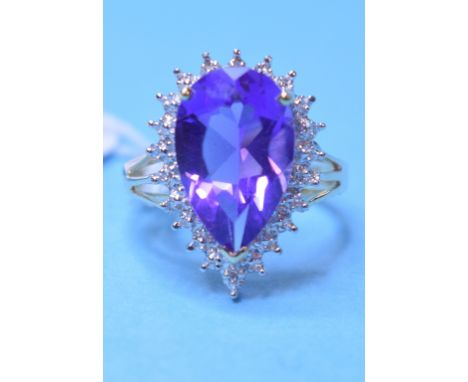 A 9ct gold, tear drop amethyst and diamond cluster ring, approx. ring size K½   Condition report  Modern