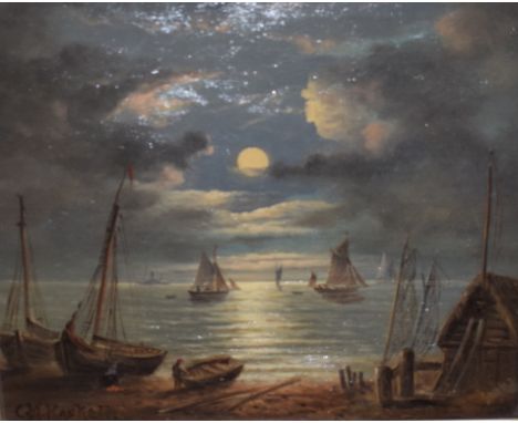 C M Maskell, a moonlit coastal scene, with boats, oil on canvas, signed 29 x 34 cm