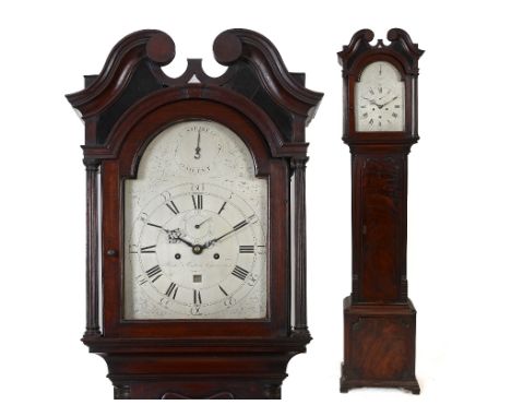 A longcase clock, the 30 cm square arched silvered dial having Silent Strike subsidiary dial, Roman and Arabic numerals, date