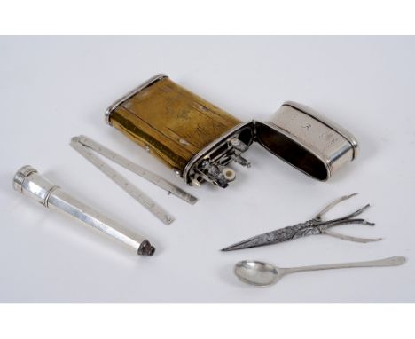 A 19th century silver coloured metal etui, containing various tools (incomplete), 8½ cm high  See illustration   Condition re