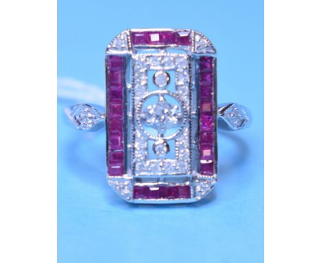 An Art Deco style 9ct white gold, ruby and diamond panel ring, approx. ring size Q Condition report Modern