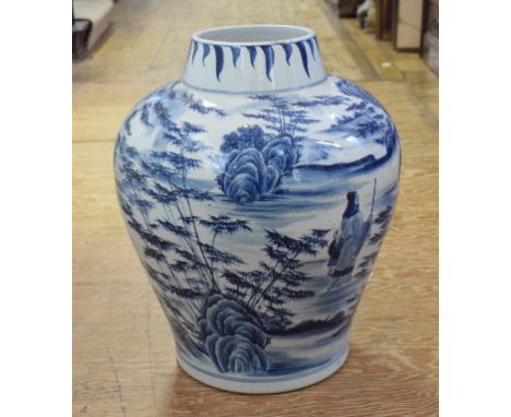 A Chinese blue and white vase, decorated figures in a landscape, cracked, 44 cm high   Condition report  Report by NGLarge cr