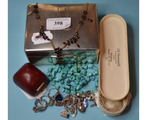 A silver cigarette box, Birmingham 1932, 11.5 cm wide, a garnet necklace, a 9ct gold dress ring, and other items (qty)