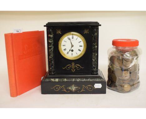 A mantel clock, in a black slate and marble case, 30.5 cm high, an album of stamps, and assorted coins   Condition report  Re
