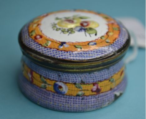 An 18th century enamel patch box, decorated flowers, damage and loss, 5 cm wide