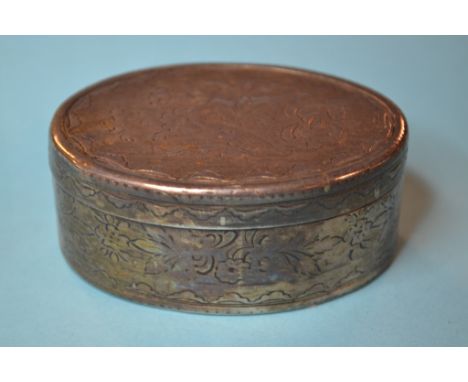 An 18th century Continental silver coloured metal snuff box, of oval form, engraved flowers and scrolling foliage, bears a ma