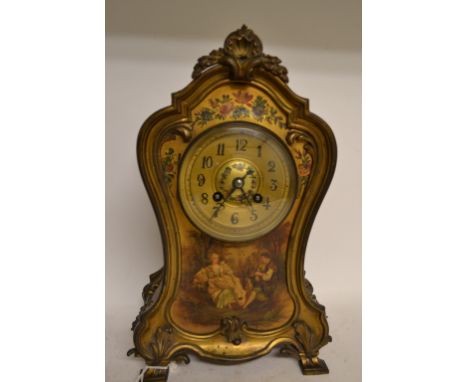 EXTRA LOT: A late Victorian French ormolu and painted mantel clock, decorated figures, flowers and landscapes, the 10 cm diam