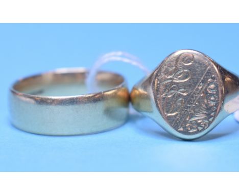 A 9ct gold signet ring, initialled, approx. Q½, and a 9ct gold wedding band, approx. S, approx. 12.8 g (2)